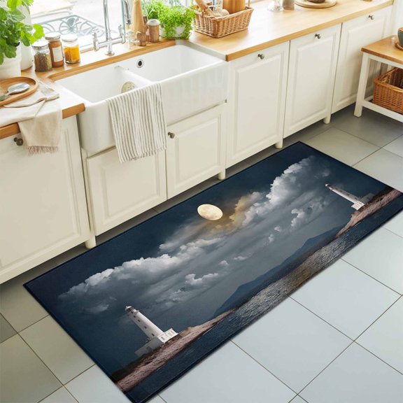 2'x6' Rug Runners for Hallways Kitchen, Night Seaside Lighthouse Non Slip Entryway Beside Floor Carpet Runner, Coastal Moonlight Ocean Washable Laundry Room Bedroom Throw Rugs Mat for Family Pet