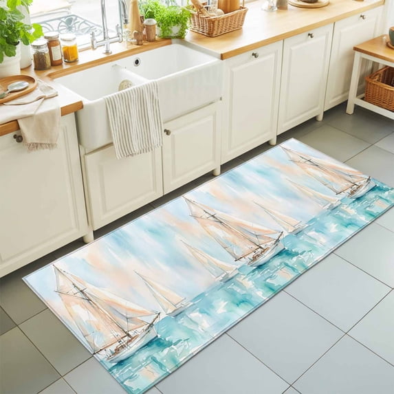 2'x6' Rug Runners for Hallways Kitchen, Ocean Sailboat Non Slip Entryway Beside Floor Carpet Runner, Watercolor Teal Green Summer Nautical Washable Laundry Room Bedroom Throw Rugs Mat for Family Pet