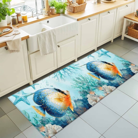 2'x6' Rug Runners for Hallways Kitchen, Ombre Blue Fish Non Slip Entryway Beside Floor Carpet Runner, Summer Ocean Sea Starfish Corals Teal Washable Laundry Room Bedroom Throw Rugs Mat for Family Pet