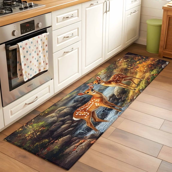 2'x6' Rug Runners for Hallways Kitchen, Orange Cute Deer Non Slip Entryway Beside Floor Carpet Runner, Vintage Forest River Elk Washable Laundry Room Bedroom Throw Rugs Mat for Family Pet