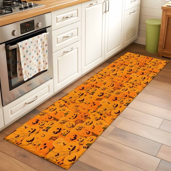 2'x6' Rug Runners for Hallways Kitchen, Orange Halloween Non Slip Entryway Beside Floor Carpet Runner, Horror Pumpkins Evil Bat Washable Laundry Room Bedroom Throw Rugs Mat for Family Pet