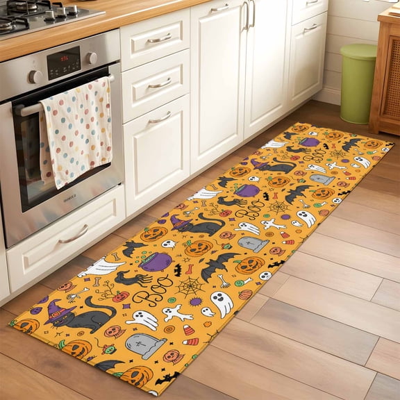 2'x6' Rug Runners for Hallways Kitchen, Orange Halloween Non Slip Entryway Beside Floor Carpet Runner, Scary Pumpkin Cat Bat Ghost Orange Washable Laundry Room Bedroom Throw Rugs Mat for Family Pet