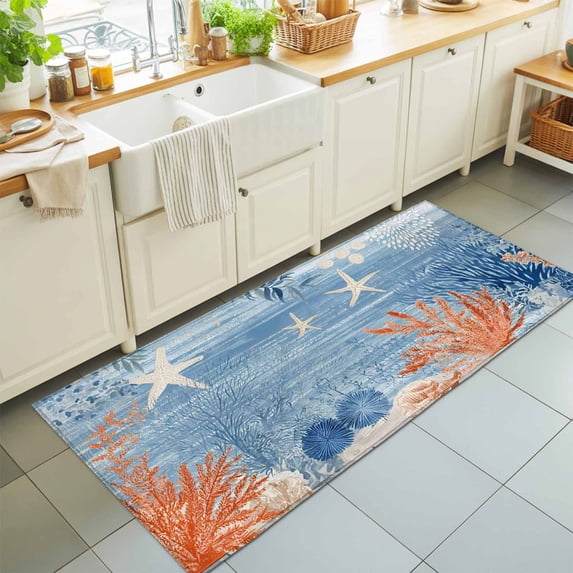 2'x6' Rug Runners for Hallways Kitchen, Orange Navy Blue Coral Non Slip Entryway Beside Floor Carpet Runner, Summer Beach Coastal Ocean Ombre Washable Laundry Room Bedroom Throw Rugs Mat