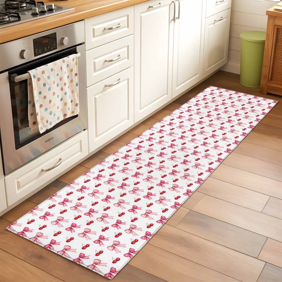 2'x6' Rug Runners for Hallways Kitchen, Pink Bow Cherry Non Slip Entryway Beside Floor Carpet Runner, Sweet Romantic Preppy Washable Laundry Room Bedroom Throw Rugs Mat for Family Pet