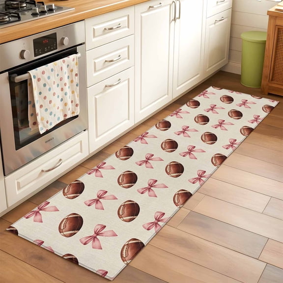 2'x6' Rug Runners for Hallways Kitchen, Pink Bow Football Non Slip Entryway Beside Floor Carpet Runner, Modern Game Balls Retro Burlap Washable Laundry Room Bedroom Throw Rugs Mat for Family Pet