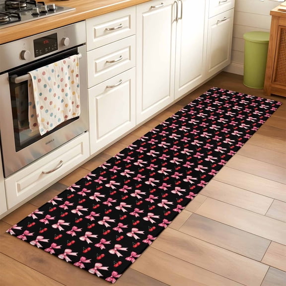 2'x6' Rug Runners for Hallways Kitchen, Pink Bow Non Slip Entryway Beside Floor Carpet Runner, Red Cherry Black Cute Preppy Aesthetic Washable Laundry Room Bedroom Throw Rugs Mat for Family Pet