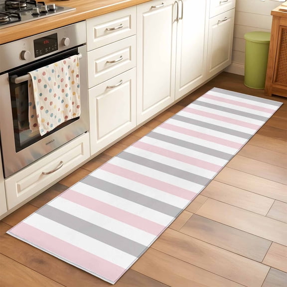 2'x6' Rug Runners for Hallways Kitchen, Pink Grey Striped Non Slip Entryway Beside Floor Carpet Runner, Geometric Vertical Stripes Minimalist Washable Laundry Room Bedroom Throw Rugs Mat