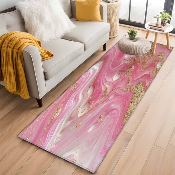 2'x6' Rug Runners for Hallways Kitchen, Pink Marble Non Slip Entryway Beside Floor Carpet Runner, Modern Ink Painting Abstract Golden Washable Laundry Room Bedroom Throw Rugs Mat for Family Pet