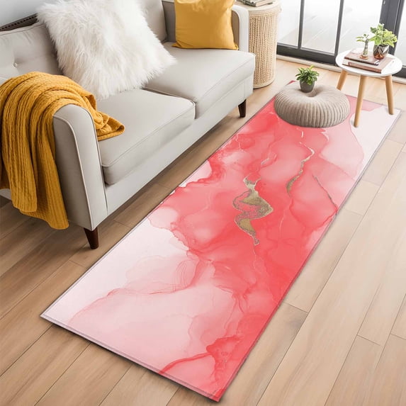2'x6' Rug Runners for Hallways Kitchen, Pink Marble Non Slip Entryway Beside Floor Carpet Runner, Modern Ombre Abstract Ink Painting Art Washable Laundry Room Bedroom Throw Rugs Mat for Family Pet