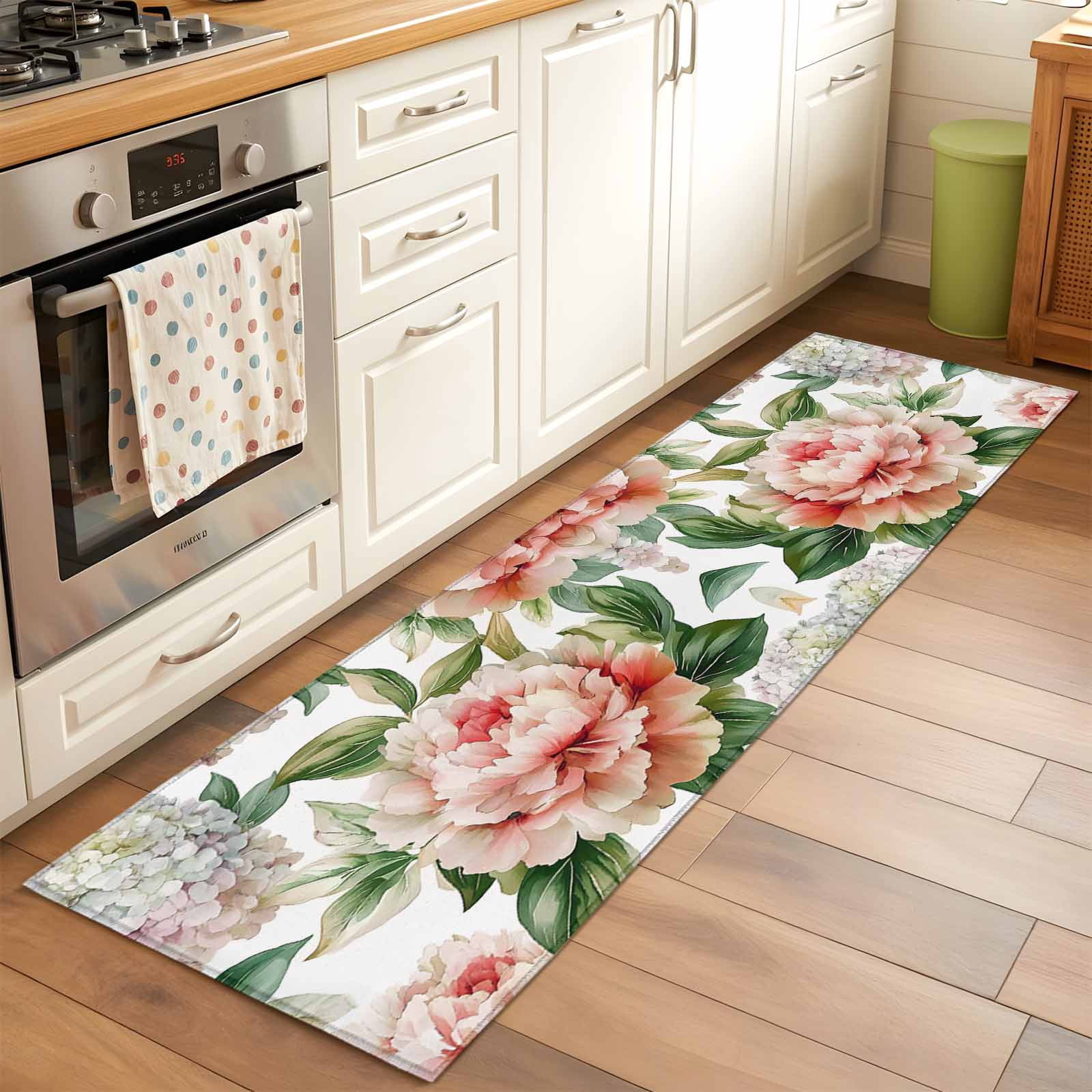 2'x6' Rug Runners for Hallways Kitchen, Pink Peony Hydrangea Non Slip ...