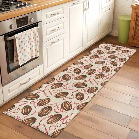 2'x6' Rug Runners for Hallways Kitchen, Pink Ribbon Football Non Slip Entryway Beside Floor Carpet Runner, Modern Game Ball Vintange Burlap Washable Laundry Room Bedroom Throw Rugs Mat for Family Pet