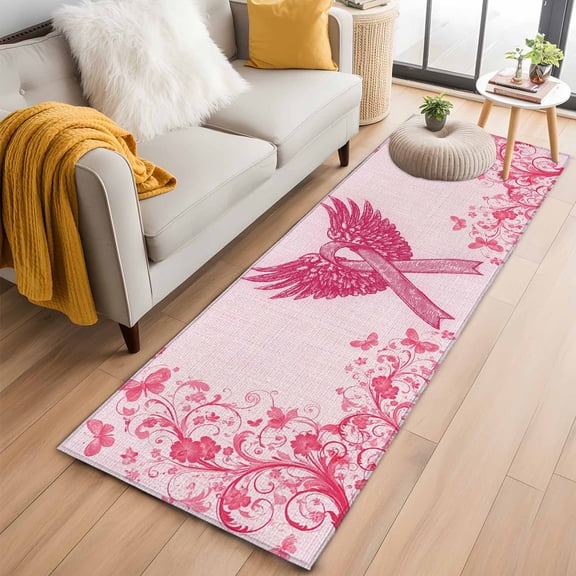 2'x6' Rug Runners for Hallways Kitchen, Pink Ribbon Wings Non Slip Entryway Beside Floor Carpet Runner, Bows Vintage Floral Butterfly Abstract Laundry Room Bedroom Throw Rugs Mat for Family Pet
