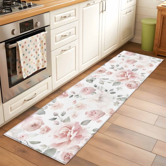 2'x6' Rug Runners for Hallways Kitchen, Pink Rose Non Slip Entryway Beside Floor Carpet Runner, Modern Simple Romantic Flowers Floral Leaves Laundry Room Bedroom Throw Rugs Mat for Family Pet