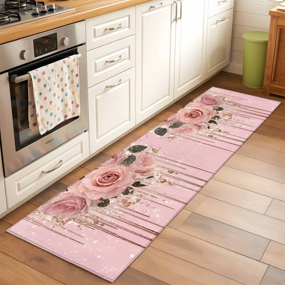 2'x6' Rug Runners for Hallways Kitchen, Pink Roses Romantic Non Slip Entryway Beside Floor Carpet Runner, Watercolor Botanical Floral Washable Laundry Room Bedroom Throw Rugs Mat for Family Pet