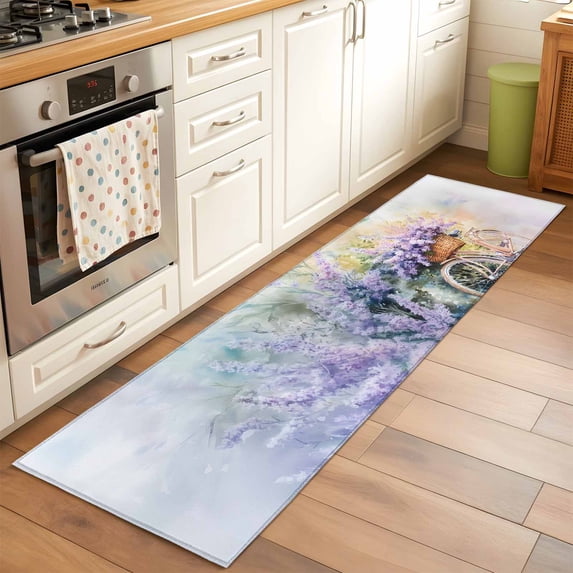 2'x6' Rug Runners for Hallways Kitchen, Purple Lavender Non Slip Entryway Beside Floor Carpet Runner, Spring Flower Pastoral Bike Rustic Washable Laundry Room Bedroom Throw Rugs Mat for Family Pet