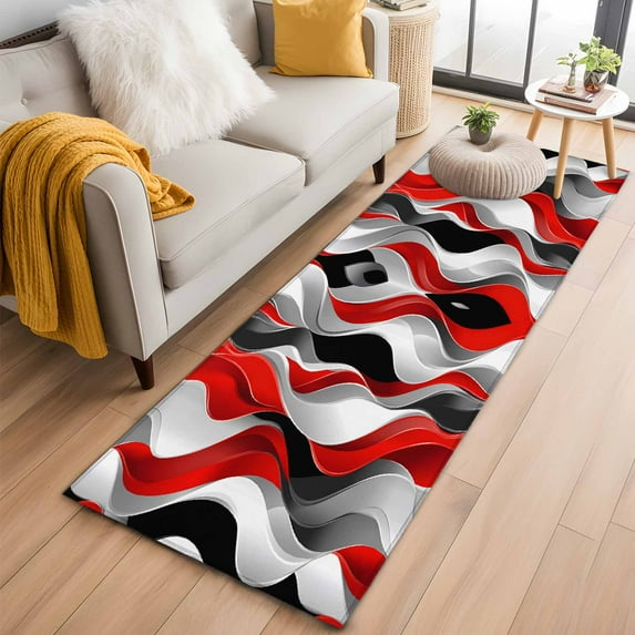 2'x6' Rug Runners for Hallways Kitchen, Red Black Grey Non Slip Entryway Beside Floor Carpet Runner, Moire Modern Artwork Abstract Washable Laundry Room Bedroom Throw Rugs Mat for Family Pet