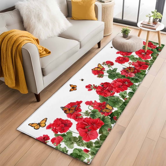 2'x6' Rug Runners for Hallways Kitchen, Red Spring Floral Non Slip Entryway Beside Floor Carpet Runner, Butterfly Farmhouse Washable Laundry Room Bedroom Throw Rugs Mat for Family Pet