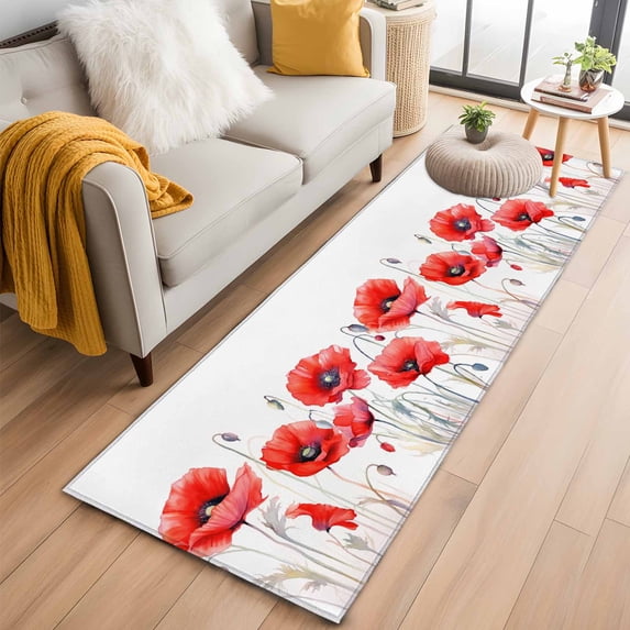 2'x6' Rug Runners for Hallways Kitchen, Red Spring Floral Non Slip Entryway Beside Floor Carpet Runner, Pastoral Botanical Summer Elegant Washable Laundry Room Bedroom Throw Rugs Mat for Family Pet