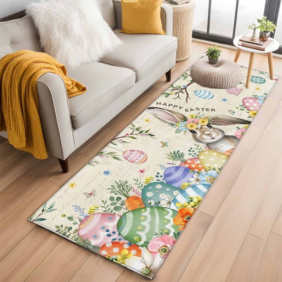 2'x6' Rug Runners for Hallways Kitchen, Retro Easter Bunny Non Slip Entryway Beside Floor Carpet Runner, Spring Easter Eggs Floral Botanical Laundry Room Bedroom Throw Rugs Mat for Family Pet