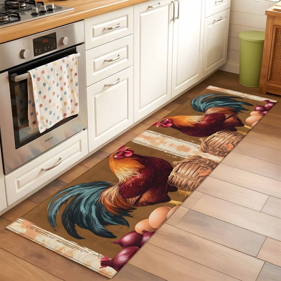 2'x6' Rug Runners for Hallways Kitchen, Retro Rooster Non Slip Entryway Beside Floor Carpet Runner, Pastoral Animals Watercolor Botanical Washable Laundry Room Bedroom Throw Rugs Mat for Family Pet