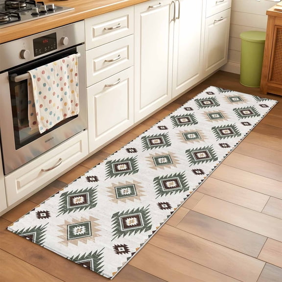 2'x6' Rug Runners for Hallways Kitchen, Sage Green Aztec Non Slip Entryway Beside Floor Carpet Runner, Southwest Boho Ethnic Chic Motifs Washable Laundry Room Bedroom Throw Rugs Mat for Family Pet