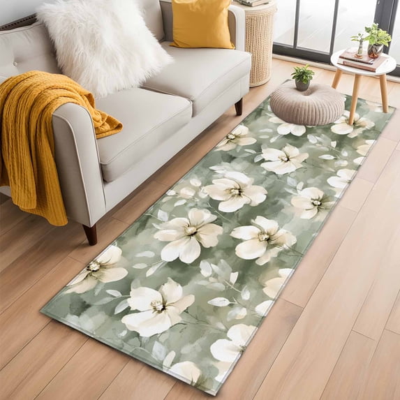2'x6' Rug Runners for Hallways Kitchen, Sage Green Spring Floral Non Slip Entryway Beside Floor Carpet Runner, Watercolor Summer Flower Washable Laundry Room Bedroom Throw Rugs Mat for Family Pet