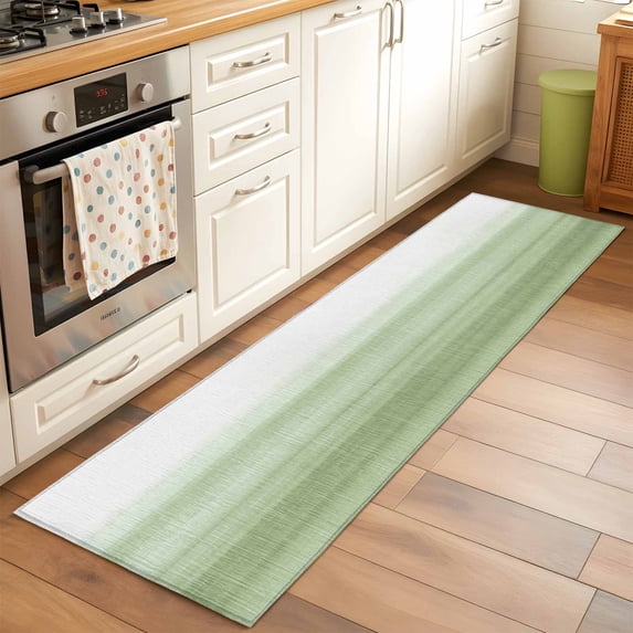 2'x6' Rug Runners for Hallways Kitchen, Sage Green White Ombre Non Slip Entryway Beside Floor Carpet Runner, Country Modern Stripes Lines Washable Laundry Room Bedroom Throw Rugs Mat for Family Pet