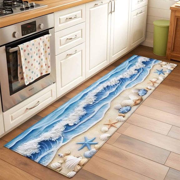 2'x6' Rug Runners for Hallways Kitchen, Sea Coastal Non Slip Entryway Beside Floor Carpet Runner, Summer Ocean Starfish Conch Blue Beach Washable Laundry Room Bedroom Throw Rugs Mat for Family Pet