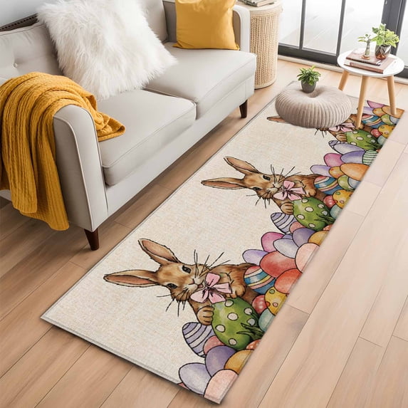 2'x6' Rug Runners for Hallways Kitchen, Spring Easter Bunny Non Slip Entryway Beside Floor Carpet Runner, Colorful Eggs Watercolor Rutsic Washable Laundry Room Bedroom Throw Rugs Mat for Family Pet