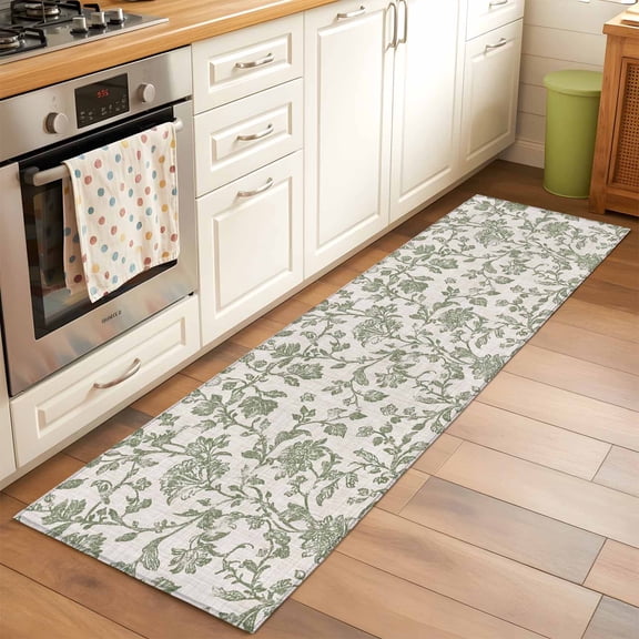 2'x6' Rug Runners for Hallways Kitchen, Spring Flowers Non Slip Entryway Beside Floor Carpet Runner, Farmhouse Sage Green Pastoral Floral Leaf Washable Laundry Room Bedroom Throw Rugs Mat