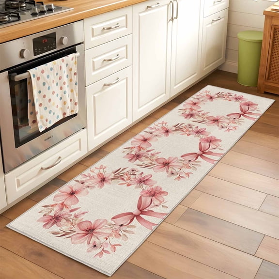 2'x6' Rug Runners for Hallways Kitchen, Spring Flowers Non Slip Entryway Beside Floor Carpet Runner, Floral Wreaths Watercolor Countryside Washable Laundry Room Bedroom Throw Rugs Mat for Family Pet