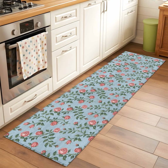 2'x6' Rug Runners for Hallways Kitchen, Spring Roses Botanical Non Slip Entryway Beside Floor Carpet Runner, Farmhouse Floral Blue Washable Laundry Room Bedroom Throw Rugs Mat for Family Pet