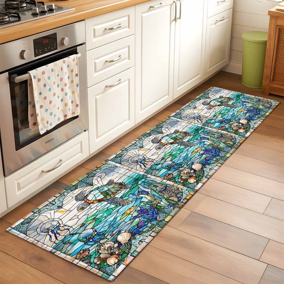 2'x6' Rug Runners for Hallways Kitchen, Stained Glass Sea Turtle Non Slip Entryway Beside Floor Carpet Runner, Summer Coastal Ocean Jellyfish Washable Laundry Room Bedroom Throw Rugs Mat