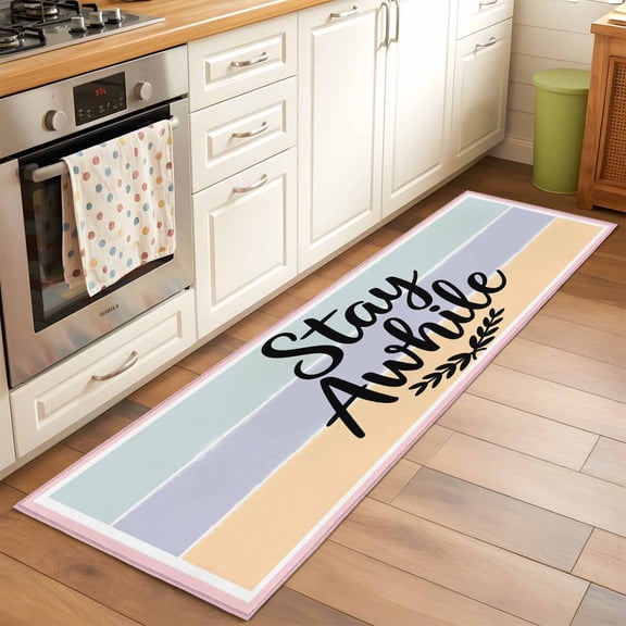 2'x6' Rug Runners for Hallways Kitchen, Stay Awhile Non Slip Entryway Beside Floor Carpet Runner, Wheat Color Block Stripes Aesthetic Washable Laundry Room Bedroom Throw Rugs Mat for Family Pet