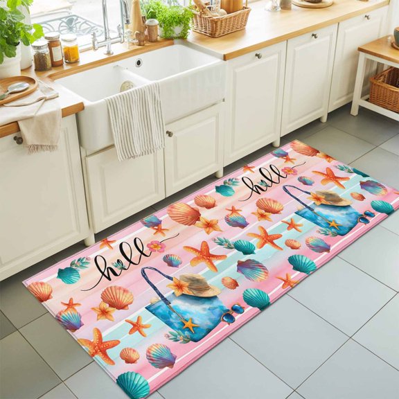 2'x6' Rug Runners for Hallways Kitchen, Summer Beach Non Slip Entryway Beside Floor Carpet Runner, Ocean Shells Starfish Bag Stripe Rainbow Washable Laundry Room Bedroom Throw Rugs Mat for Family Pet