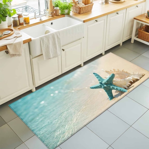 2'x6' Rug Runners for Hallways Kitchen, Summer Beach Non Slip Entryway Beside Floor Carpet Runner, Tropical Turquoise Starfish Conch Coastal Washable Laundry Room Bedroom Throw Rugs Mat