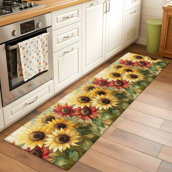 2'x6' Rug Runners for Hallways Kitchen, Summer Sunflowers Non Slip Entryway Beside Floor Carpet Runner, Red Yellow Floral Leaf Wood Grain Washable Laundry Room Bedroom Throw Rugs Mat for Family Pet