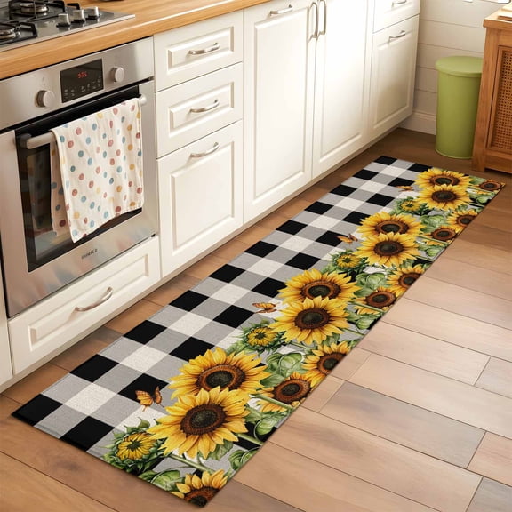 2'x6' Rug Runners for Hallways Kitchen, Sunflower Checkered Non Slip Entryway Beside Floor Carpet Runner, Black Buffalo Plaid Pastoral Flowers Washable Laundry Room Bedroom Throw Rugs Mat