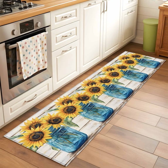 2'x6' Rug Runners for Hallways Kitchen, Sunflower Non Slip Entryway Beside Floor Carpet Runner, Blue Bottle Yellow Floral Country Woodgrain Washable Laundry Room Bedroom Throw Rugs Mat for Family Pet