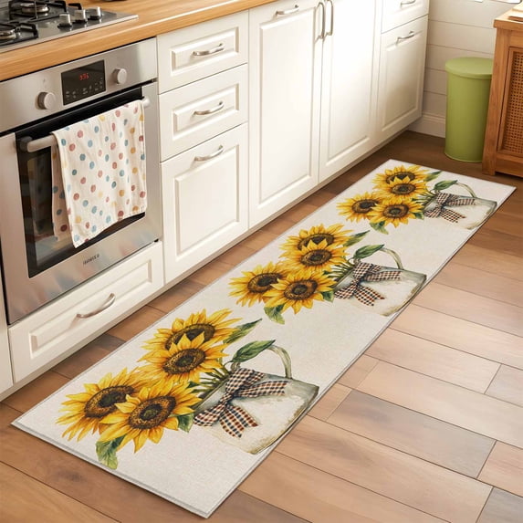 2'x6' Rug Runners for Hallways Kitchen, Sunflower Non Slip Entryway Beside Floor Carpet Runner, Farm Floral Watercolor Plaid Botanicals Washable Laundry Room Bedroom Throw Rugs Mat for Family Pet