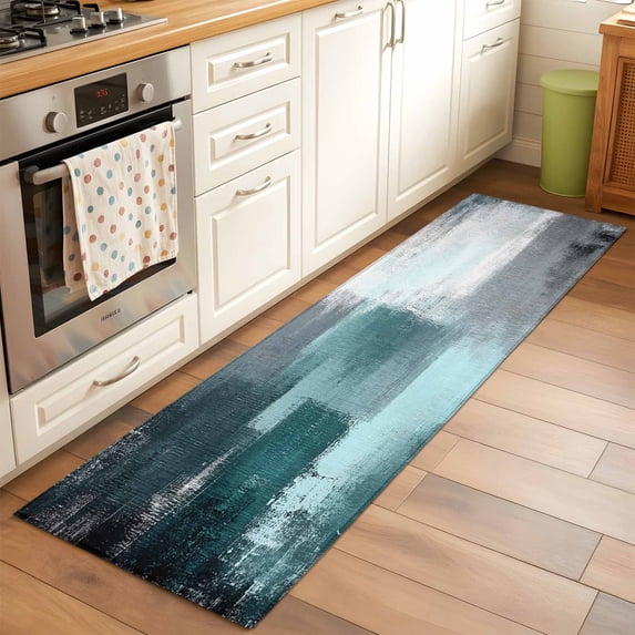 2'x6' Rug Runners for Hallways Kitchen, Teal Gray Non Slip Entryway Beside Floor Carpet Runner, Modern Oil Painted Art Abstract Geometric Washable Laundry Room Bedroom Throw Rugs Mat for Family Pet