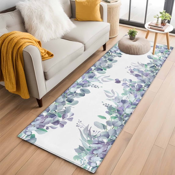 2'x6' Rug Runners for Hallways Kitchen, Teal Purple Botanical Non Slip Entryway Beside Floor Carpet Runner, Spring Floral Summer Eucalyptus Leaf Washable Laundry Room Bedroom Throw Rugs Mat