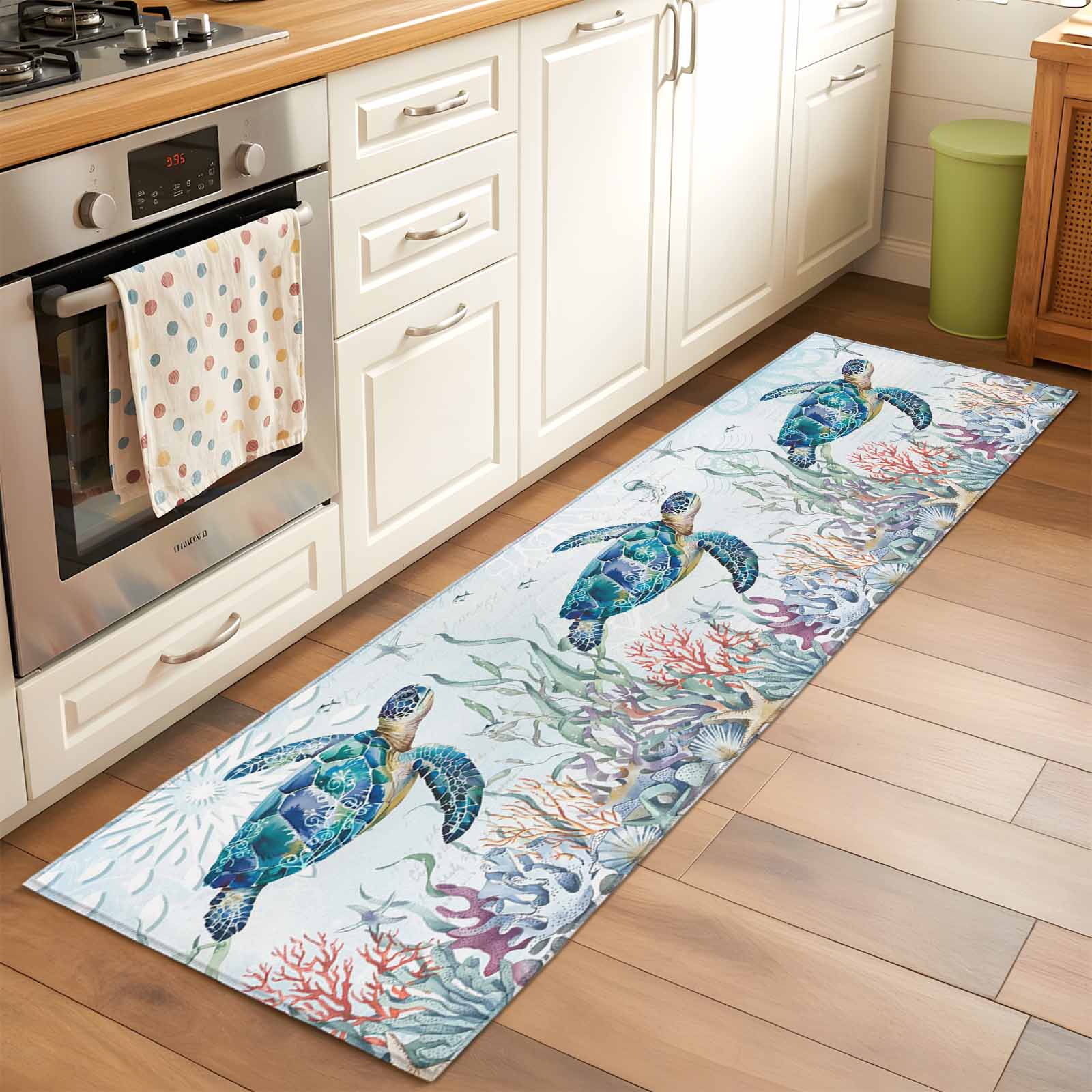 Turtle Rug Runner 2'x6' Rug Runners for Hallways Kitchen, Teal Sea Turtle Coastal Non ...