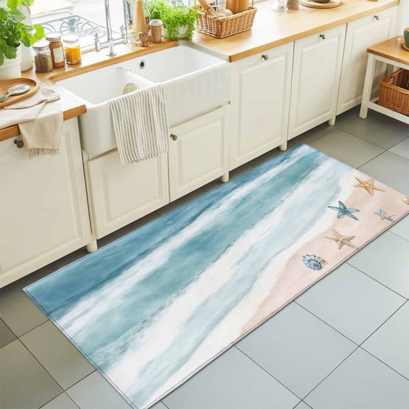 2'x6' Rug Runners for Hallways Kitchen, Teal Summer Beach Non Slip Entryway Beside Floor Carpet Runner, Coastal Waves Ocean Starfish Conch Washable Laundry Room Bedroom Throw Rugs Mat for Family Pet