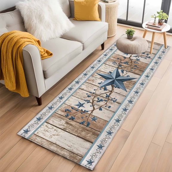 2'x6' Rug Runners for Hallways Kitchen, Texas Star Rustic Non Slip Entryway Beside Floor Carpet Runner, Country Blue Berry Brown Wooden Plank Laundry Room Bedroom Throw Rugs Mat for Family Pet