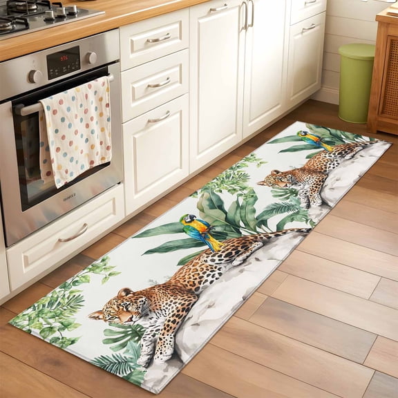 2'x6' Rug Runners for Hallways Kitchen, Tropical Leopard Parrot Non Slip Entryway Beside Floor Carpet Runner, Watercolor Summer Palm Leaf Washable Laundry Room Bedroom Throw Rugs Mat for Family Pet