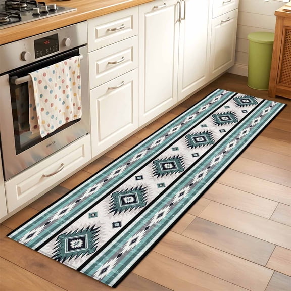 2'x6' Rug Runners for Hallways Kitchen, Turquoise Boho Non Slip Entryway Beside Floor Carpet Runner, Southwestern Ethnic Aztec Retro Geometric Laundry Room Bedroom Throw Rugs Mat for Family Pet