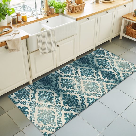 2'x6' Rug Runners for Hallways Kitchen, Turquoise Boho Non Slip Entryway Beside Floor Carpet Runner, Teal Ombre Floral Ethic Tribe Washable Laundry Room Bedroom Throw Rugs Mat for Family Pet
