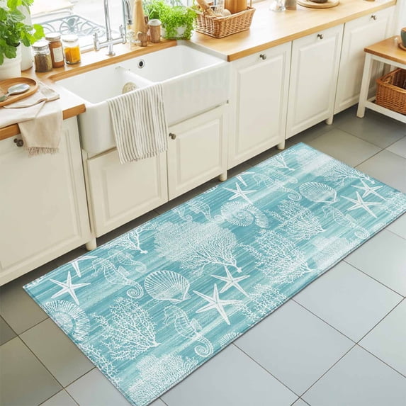 2'x6' Rug Runners for Hallways Kitchen, Turquoise Coastal Non Slip Entryway Beside Floor Carpet Runner, Nautical Coral Starfish Shell Seahorse Ocean Washable Laundry Room Bedroom Throw Rugs Mat