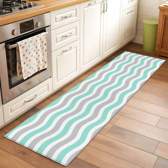 2'x6' Rug Runners for Hallways Kitchen, Turquoise Grey White Non Slip Entryway Beside Floor Carpet Runner, Abstract Geometric Ocean Wave Stripe Washable Laundry Room Bedroom Throw Rugs Mat